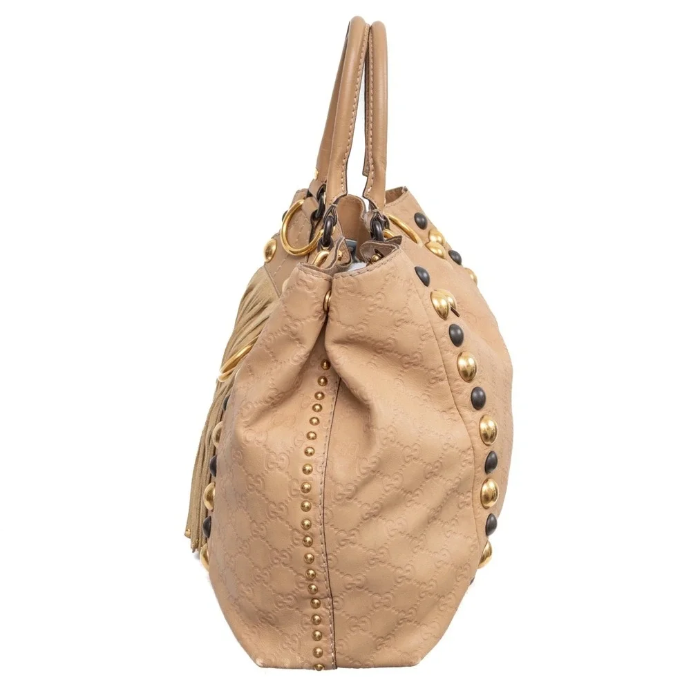 Gucci Vintage GG Babouska Leather Tote Bag Beige Fringe Studded Shoulder Bag LRG - Picture 4 of 16
